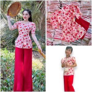 BỘ BÀ BA VẢI LỤA CỔ VUÔNG TAY NHÚN CHO MẸ VÀ CỔ TRÒN CHO BÉ GÁI