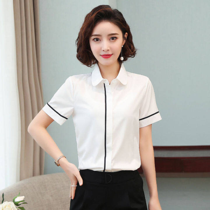 White Shirt Women Short Sleeve Office Formal Blouse Summer Korean ...