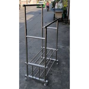 ราวตากผ้า ราวตากผ้าสแตนเลส บาร์คู่ มีชั้นวางรองเท้า 2 ชั้น แข็งแรง รับนน. 50kg. สแตนเลสแท้ทั้งชิ้นรวมถึงข้อต่อด้วย ล้อรุ่นใหม่แข็งแรง