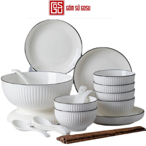 Bộ chén đĩa gốm sứ cáo cấp sang trọng  màu trắng viền đen
