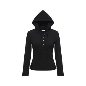 เสื้อยืดฮู้ดแขนยาว ผู้หญิง กระดุมหน้าจริง มีเชือกรูดหมวก ปลายแขนสอดนิ้ว กันแดด ผ้าฟลีซ นุ่ม ใส่สบาย สไตล์เกาหลี สีดำ ไซซ์ S-L #502