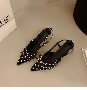 [Free Shipping] Black Polka-Dot Bow High-Heeled Sandals WomenS Summer And Spring Style Perfect With Dresses Elegant Stiletto Heels Pointed-Toe Flats