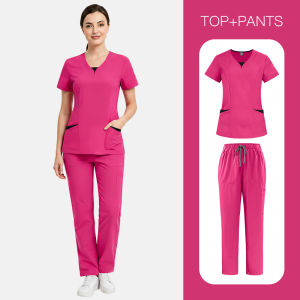 【2026 New Style】NiaaHinn Women Men Scrub Suit Set with cargo pants Doctor Nurse Uniform Elastic Wrinkle Resistant Breathable【Short Sleeves V-neck Top+ Straight Cut Pants】