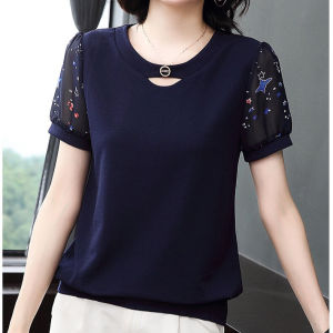 Plus Size Womens Elegant Casual shirt Spliced Solid Tops Vintage Loose O-Neck Female short Sleeve Chiffon T-shirt