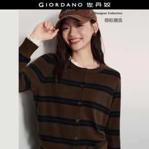Giordano Women Striped crewneck cardigan Free Shipping 18356914