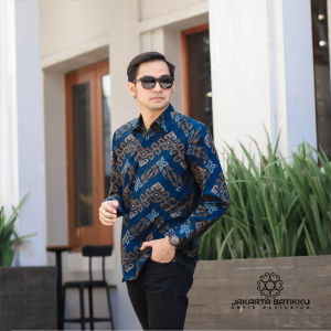 Baju batik pria lengan panjang warna biru elegan premium kemeja kantor kerja mewah
