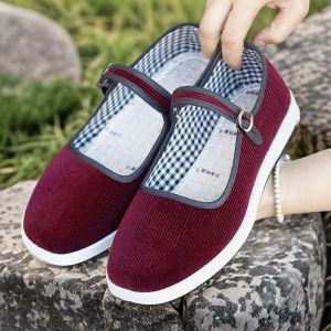 Free Shipping Cloth Shoes Spring Collection WomenS Shoes Black Work Shoes With Buckle And Single-Strap Design Flat Sole Round Toe Low-Cut Corduroy Material Suitable For Mothers