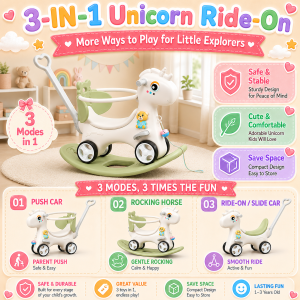 PlayPark Rocking Horse For Kids 3 in1 With Pushing Handle Music Toy Guardrail For 2-6 Years Toys For Kids