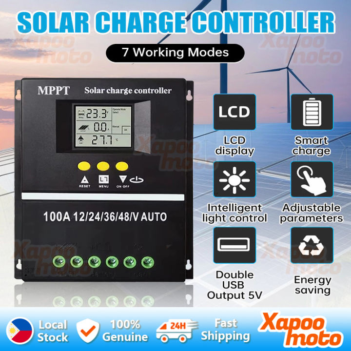 MPPT 100A Solar Charge Controller 12V 24V Dual USB LCD Display Solar ...