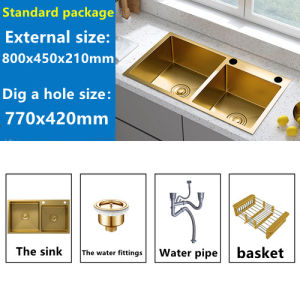 Gold 304 Stainless Steel 80*45*22 Stainless Steel Kitchen Sink Gold Double bowls with faucet above counter Bar Sinks