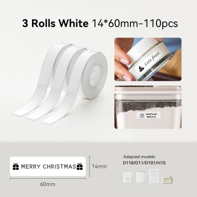 【3 Rolls】NIIMBOT D11/D110/D101 White Label Sticker Waterproof Oil Proof No Glue Residue Name Sticker Beauty Kitchen Toys Thermal Label Paper