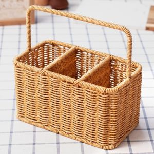 HOUCHU STUDIO Large Capacity Utensil Storage Basket Portable Rustic Woven Cutlery Organizer Space Saving with Handle Silverware Holder Kitchen