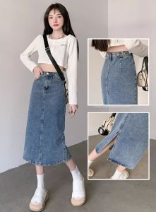 Rok Jeans Midi Selong Tengah Belakang Gaya Korea High Waist