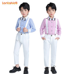 lontakids 2-14 Years Toddler Kids Boys 4Pcs(Pink/Blue Stripe Shirt+Bowtie+Suspender+White Pants) Wedding Birthday Gentleman Clothes Set Formal Wear