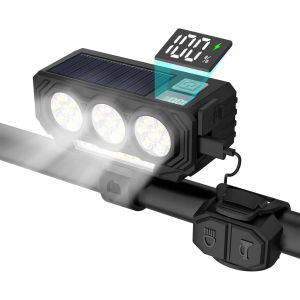 All In One Bicycle Front Light Solar USB Charging LED Headlight with Loud Warning Horn Capability Digital Screen Aluminum Alloy Waterproof Bike Parts