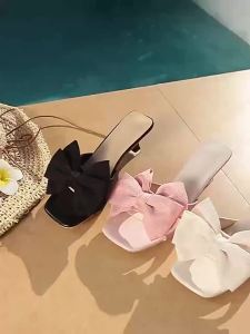 [Free Shipping] Bowknot high-heeled slip-on sandals for women new summer style suitable for pairing with dresses large size sandals