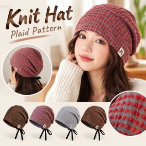 OKL9 Cotton Fabric Slouchy Beanie Plaid Pattern Foldable Knit Hat  Vintage Style Plaid Skull Cap Casual Daily Wear
