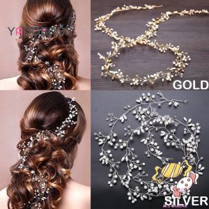 YADORNOS Mahkota Rambut Pengantin Kristal Berlapis Emas/Silver dengan Mutiara untuk Pesta dan Pernikahan