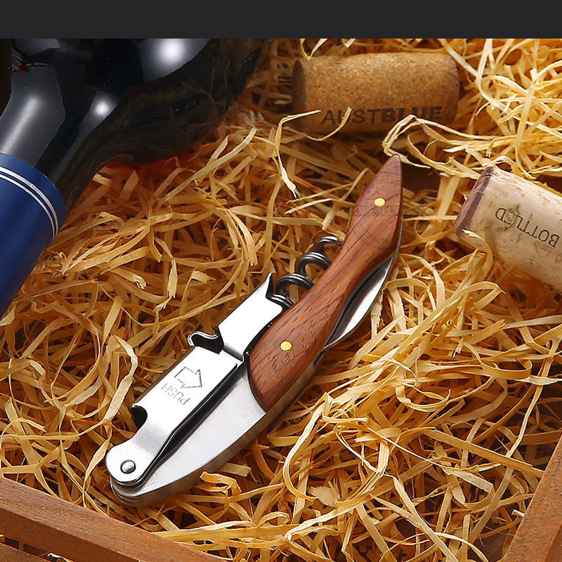 Onetwone Wood Handle Professional Waiter Corkscrew With PU Storage Bag, Stainless Steel Multifunctional Wine Opener & Foil Cutter
_voghion.com