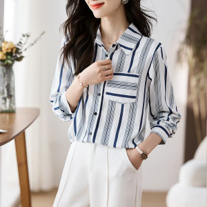 AMMIN 2025 Spring new Light Breasted simple lapel pocket single breasted commuter chiffon Shirt Womans Korean version R Blue striped Career OL Elegant blouse