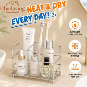 ChicLiving Stainless Steel Toothbrush Holder Countertop Organizer Rack Hollow Drain Bathroom Toothpaste Razor