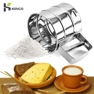 KONCO Baking Flour Sifters Stainless Steel Powder Cocoa manual Shaker Sieve Cup Mesh Crank Flour Sifter for Flour Icing Sugar