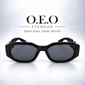 Premium Design Rectangular Sunglasses Black Frame Grey Lens with Gold Temple Detailing
