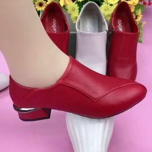 Free Shipping 2026 New Red Chunky Heel Leather Shoes For Women Soft Sole Deep Mouth Flats Versatile Commuter Work Shoes For Middle-Aged And Elderly Women