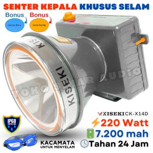 Senter Kepala Selam Anti Air ORIGINAL Daya Besar 220W BONUS Lensa Kuning & Biru + Kacamata Selam | Baterai 7200 Tahan 24 Jam | KISEKI CK-X14D senter selam anti air