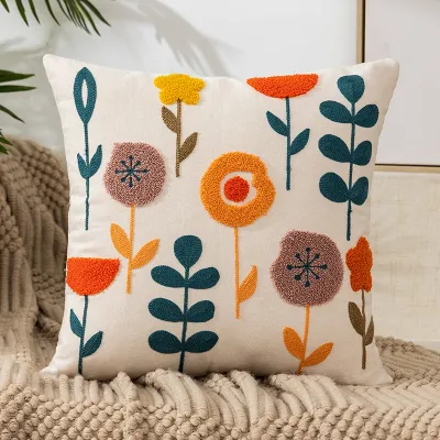 {SG} 2PCS Flower Embroidered Cushion Cover 45x45cm Sofa Cushion Cover Cotton Cushion Case Throw Pillow Cover