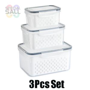 3PCS Nestable & Stackable Fresh-Keeping Box Separable Double Layer Drain Container 4-Side Buckle Leak-Proof Food Storage Box