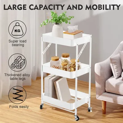 Nicedeal 3 Tier Foldable Storage Trolley Multi-purpose Rolling Cart Home Organiser rack