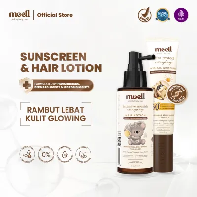 Moell Special Bundling Hair Lotion 100ml & Sunscreen 30gr - Hair Lotion With Panax Ginseng Candlenut Oil Biotin - Physical Sunscreen With SPF 50(+) PA(++++) - Skincare Untuk Baby & Anak