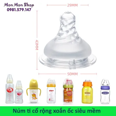 Núm ti bình sữa cổ rộng Yanling thiết kế xoắn ốc silicol siêu mềm và van chống sặc ( size M cho bé trên 3 tháng ) tương thích cho bình sữa Pigeon Lansinoh Toom Wesser cổ rộng