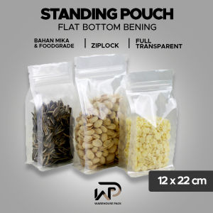 ( 50 Pcs ) Standing Pouch Flat Bottom Bening 12 x 22 cm | Kemasan Kopi Snack | Kemasan Ziplock Bening | Kemasan Flat Bottom bening