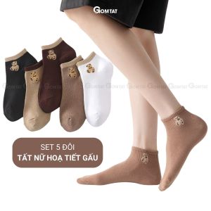 Set 5 đôi vớ nữ cổ ngắn GOMTAT hoạ tiết hình gấu chất liệu cotton kháng khuẩn dày dặn êm ái thấm hút mồ hôi - CB076