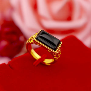 Everhoney Chunky Rectangle Onyx Stone Gold Couple Ring Free Size Anti Scratch Ring Luxury Jewelry for Men and Women