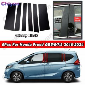 6Pcs Glossy Piano Black PC Material Car Door Window Center Middle B C Pillar Post Column Cover Mirror Effect Trim Carbon Fiber Sticker For Honda Freed GB5 GB6 GB7 GB8 2016 2017 2018 2019 2020 2021 2022 2023 2024