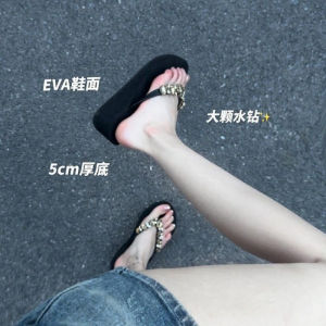 [Free Shipping] WomenS Flip-Flops Thick-Soled Wedge Heels Light Luxury Rhinestone Design Non-Slip Rubber Sole Suitable For Beach And Seaside Wear Water-Resistant Lightweight 6Cm Heel Height