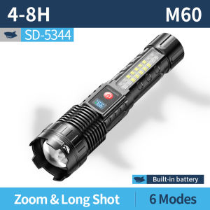 ไฟฉาย LED SD5344ปลาฉลามยิ้มสว่างมาก5000LM M60ได้6โหมดไฟ COB ด้านข้างไฟฉายชาร์จไฟได้ Type-C กันน้ำได้โคมไฟภายนอกตั้งแคมป์