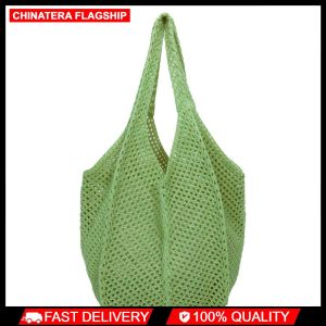 Women Fashion Knitted Bag Large Capacity Hollow Out Tote Bag Crochet Tote Bag Solid Color Woven Shoulder Bag for Travel Vacation