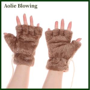 Aolie Cute Cat Paw Fluffy Claw Fingerless Gloves Warm Soft Plush Fingerless Panda Glove Half Finger Women Winter Wear Christmas Gifts