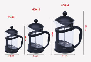 [BPCFKP005] Bình pha cà phê pha trà kiểu Pháp French press. Bình thủy tinh khung đỡ nhựa mầu đen nắp khum tròn