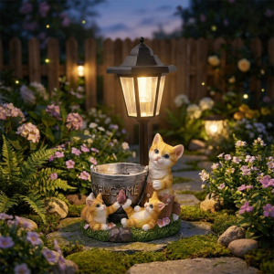 SWEET Hand-Painted Resin Solar Cat Statue Solid Material Dual-Use Flowerpot Outdoor Figurine Light Vivid Style Weather Resistant Solar Landscape Decor Light Porch Decor
