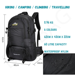 60L Premium Outdoor Hiking Backpack Waterproof Nylon Bagpack Travel Camping Bag Pack Beg Galas Belakang Large Capacity