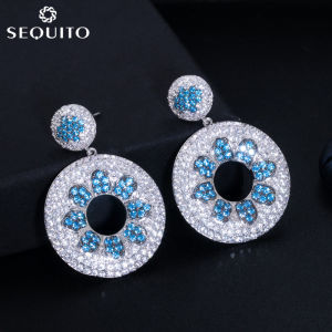 SEQUITO Charming Flower Print Large Circle Earrings Full Micro Cubic Zirconia Pave Big Round Drop Jewelry Prom Accessories SE311