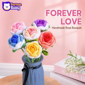 Handmade Crochet Rose Wool Knitted Eternal Preserved Flower Home Wedding Decor Valentine Mothers Day Teachers Day Gift