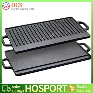 【HCS】Cast Iron Griddle Plate Double Sided Griddle Pan with Double Handles for Steaks Broil Bread Eggs Pancakes Vegetables