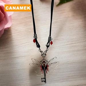 【CANAMEK】 Y2K Dragonfly Key Red Zircon Necklace Pendant Wings Retro Punk Leather Hip Hop Choker Trendy Womens Jewelry Gifts