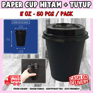 Gelas kertas kopi BLACK + LID 8 oz / Paper hot cup / coffee cup / tea cup / Gelas Kertas Tahan Panas Black 8 Oz 240ml + LID/TUTUP papercup paper cup (50 pcs) / gelas kertas tebal anti bocor